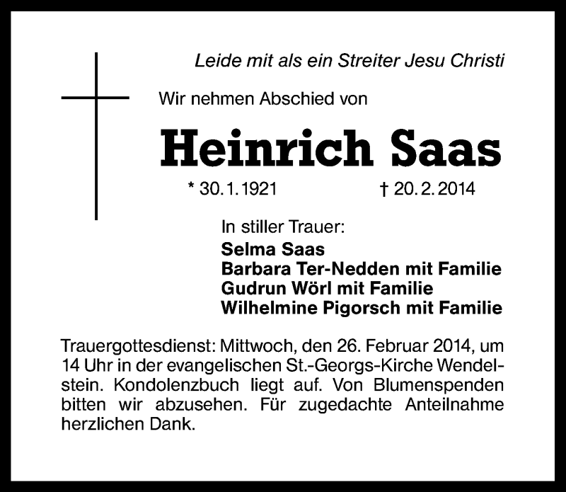  Traueranzeige für Heinrich Saas vom 24.02.2014 aus Schwabach