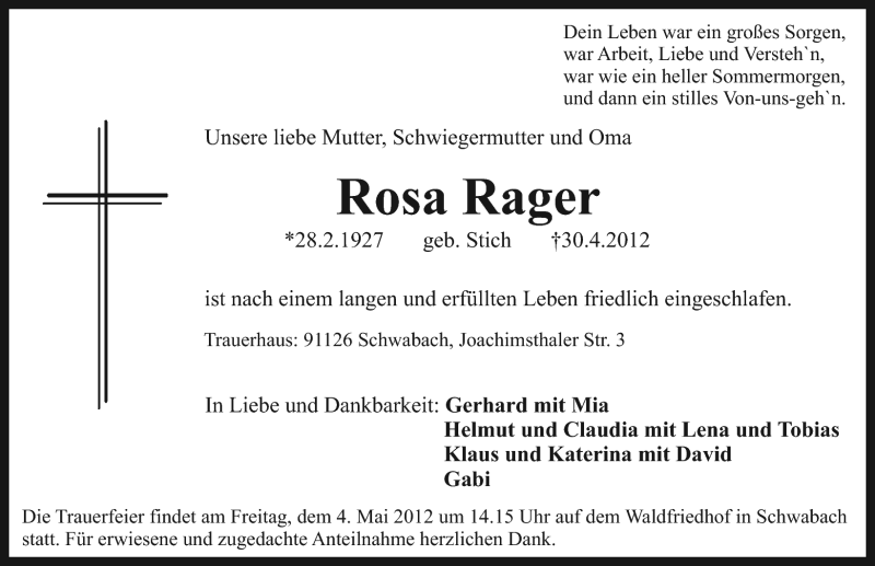  Traueranzeige für Rosa Rager vom 03.05.2012 aus Schwabach