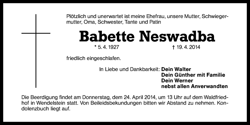  Traueranzeige für Babette Neswadba vom 22.04.2014 aus Schwabach