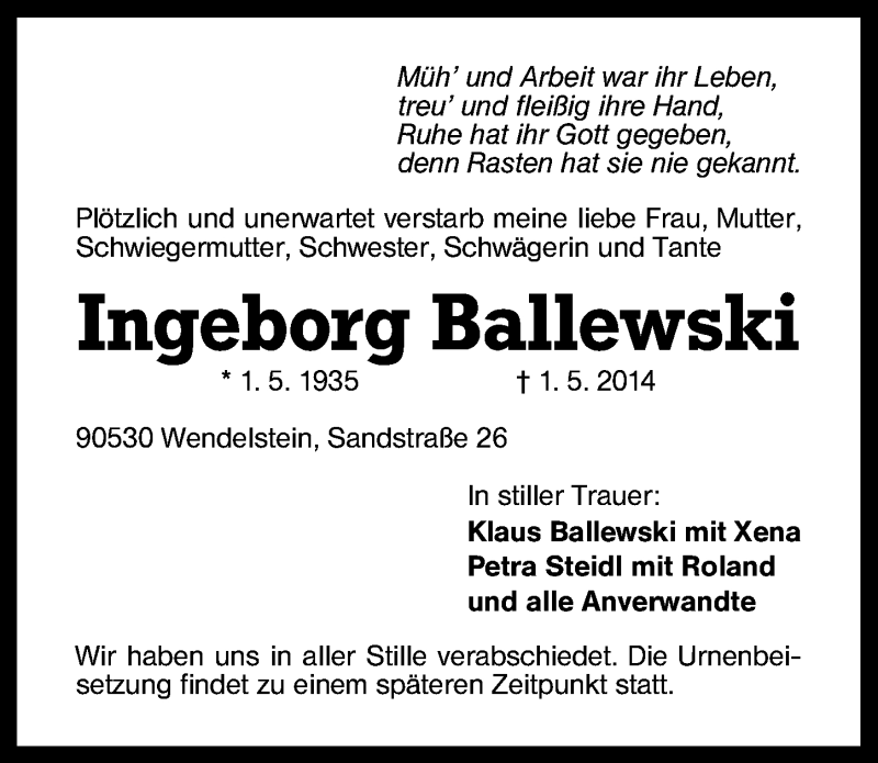  Traueranzeige für Ingeborg Ballewski vom 07.05.2014 aus Schwabach