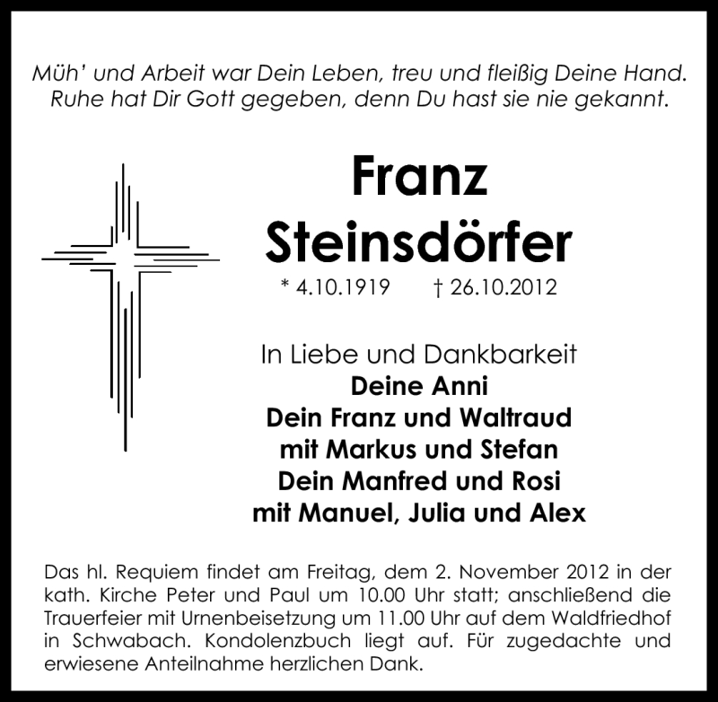  Traueranzeige für Franz Steinsdörfer vom 30.10.2012 aus Schwabach