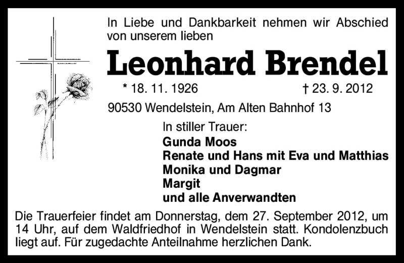  Traueranzeige für Leonhard Brendel vom 25.09.2012 aus Schwabach