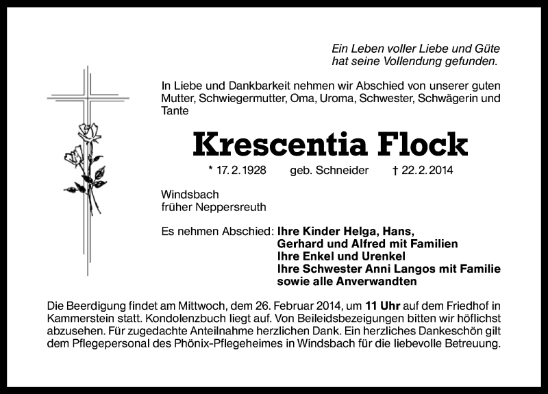  Traueranzeige für Krescentia Flock vom 24.02.2014 aus Schwabach