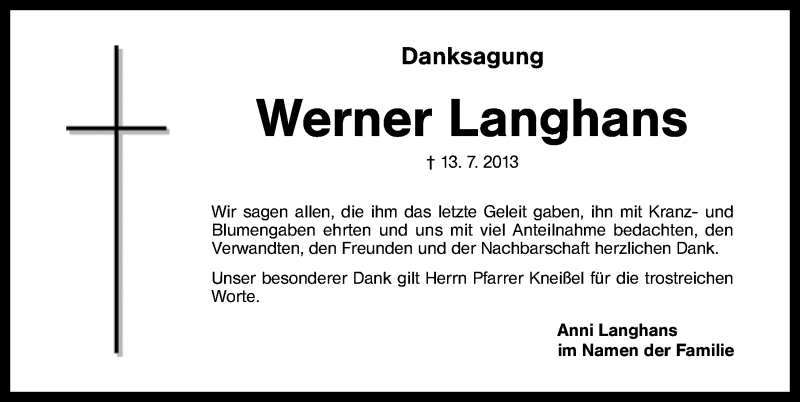  Traueranzeige für Werner Langhans vom 27.07.2013 aus Schwabach