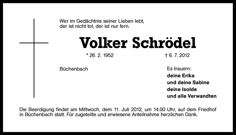  Traueranzeige für Volker Schrödel vom 09.07.2012 aus Schwabach