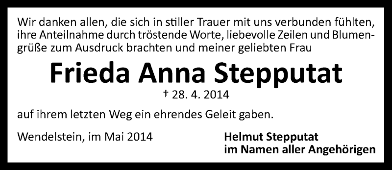  Traueranzeige für Frieda Anna Stepputat vom 14.05.2014 aus Schwabach