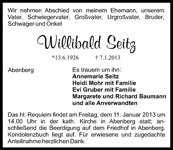 Traueranzeige von Willibald Seitz von Schwabach