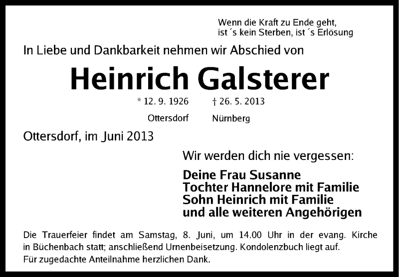  Traueranzeige für Heinrich Galsterer vom 05.06.2013 aus Schwabach