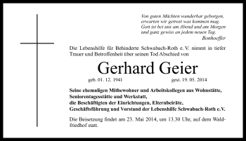 Traueranzeige von Gerhard Geier von Schwabach