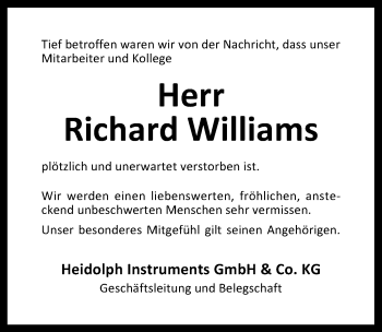 Traueranzeige von Richard Williams von Schwabach