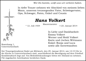 Traueranzeige von Hans Volkert von Schwabach