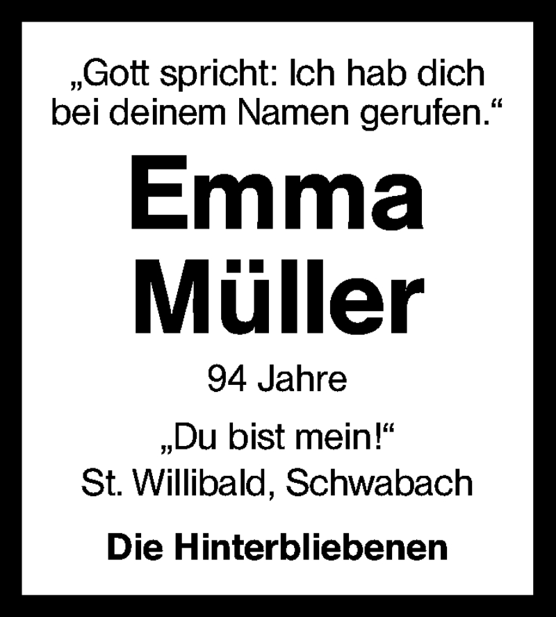  Traueranzeige für Emma Müller vom 22.04.2014 aus Schwabach