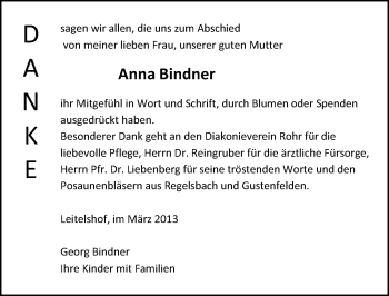 Traueranzeige von Anna Bindner von Schwabach