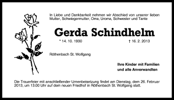 Traueranzeige von Gerda Schindhelm von Schwabach