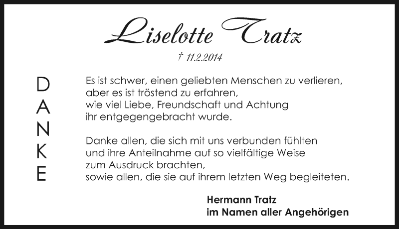  Traueranzeige für Lieselotte Tratz vom 21.02.2014 aus Schwabach