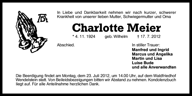  Traueranzeige für Charlotte Meier vom 21.07.2012 aus Schwabach