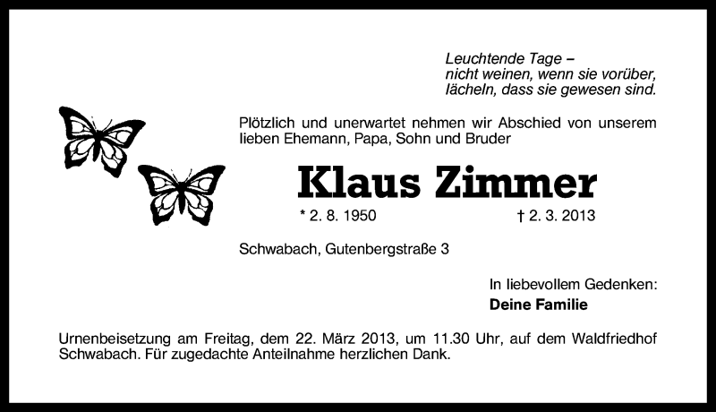  Traueranzeige für Klaus Zimmer vom 19.03.2013 aus Schwabach