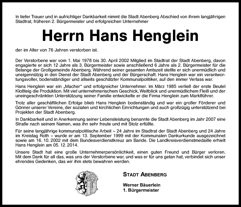  Traueranzeige für Hans Henglein vom 11.12.2014 aus Schwabach