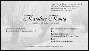 Traueranzeige von Karoline König von Schwabach