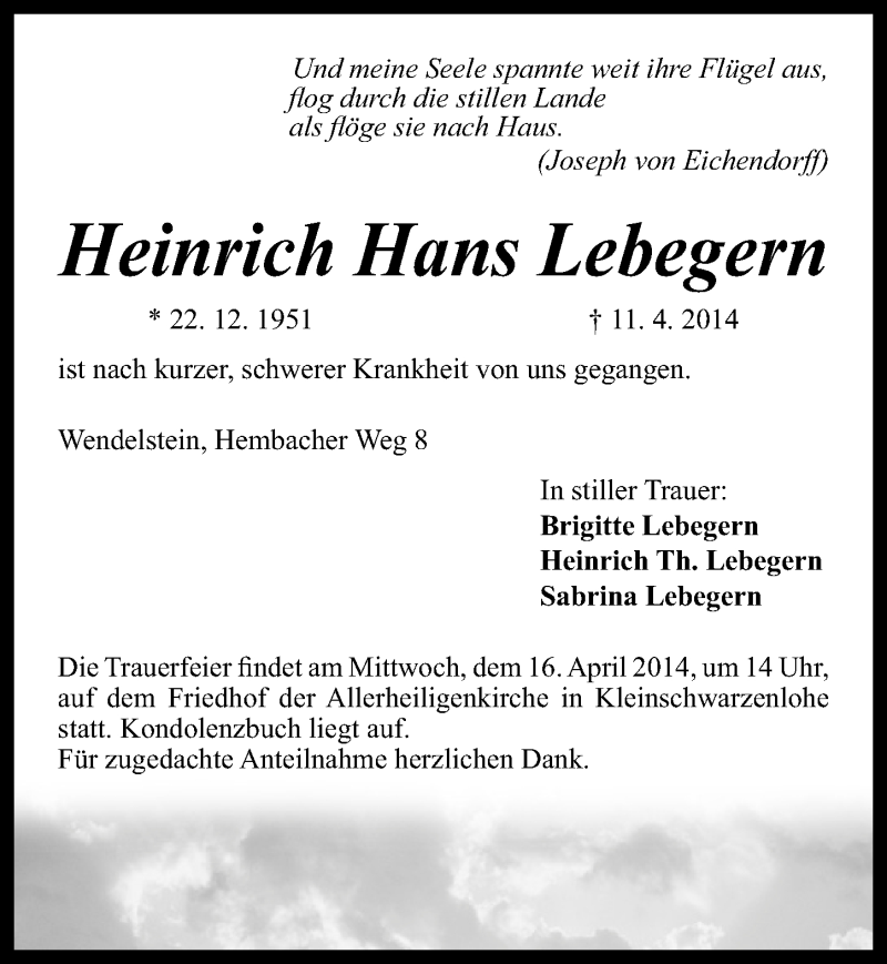  Traueranzeige für Heinrich Hans Lebegern vom 14.04.2014 aus Schwabach