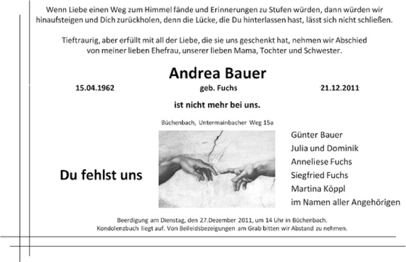  Traueranzeige für Andrea Bauer vom 24.12.2011 aus Schwabach