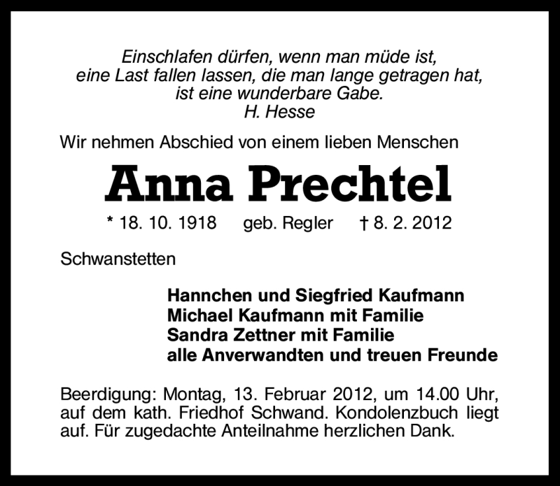  Traueranzeige für Anna Prechtel vom 11.02.2012 aus Schwabach