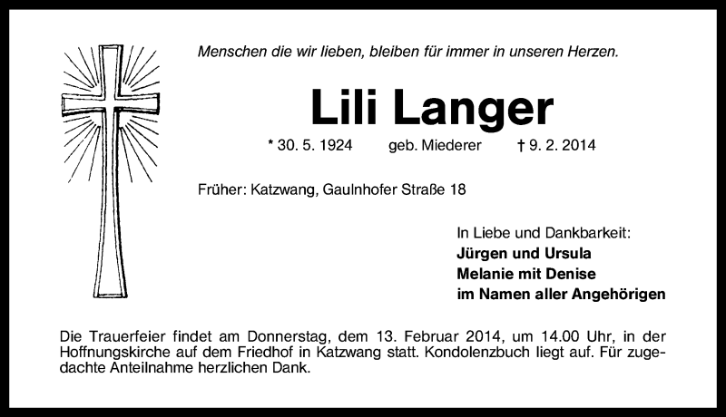  Traueranzeige für Lili Langer vom 11.02.2014 aus Schwabach