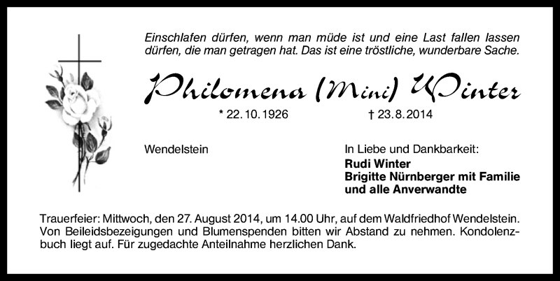  Traueranzeige für Philomena Winter vom 25.08.2014 aus Schwabach