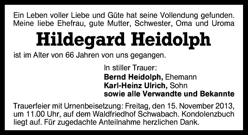  Traueranzeige für Hildegard Heidolph vom 11.11.2013 aus Schwabach