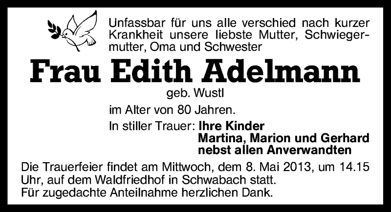  Traueranzeige für Edith Adelmann vom 04.05.2013 aus Schwabach