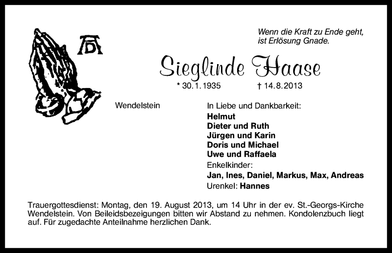  Traueranzeige für Sieglinde Haase vom 17.08.2013 aus Schwabach