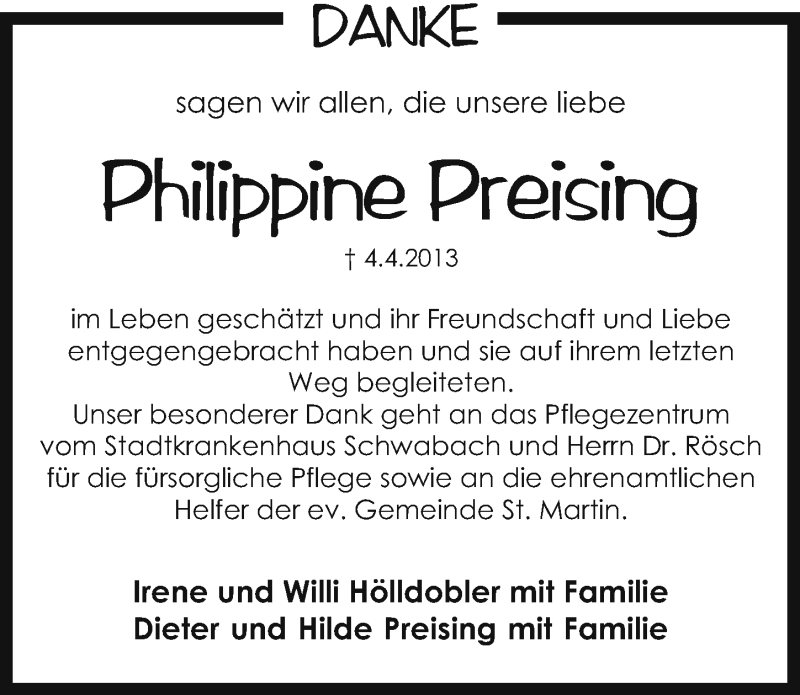  Traueranzeige für Philippine Preising vom 20.04.2013 aus Schwabach