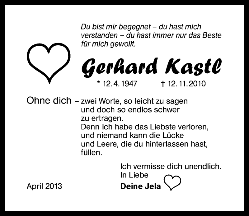  Traueranzeige für Gerhard Kastl vom 12.04.2013 aus Schwabach