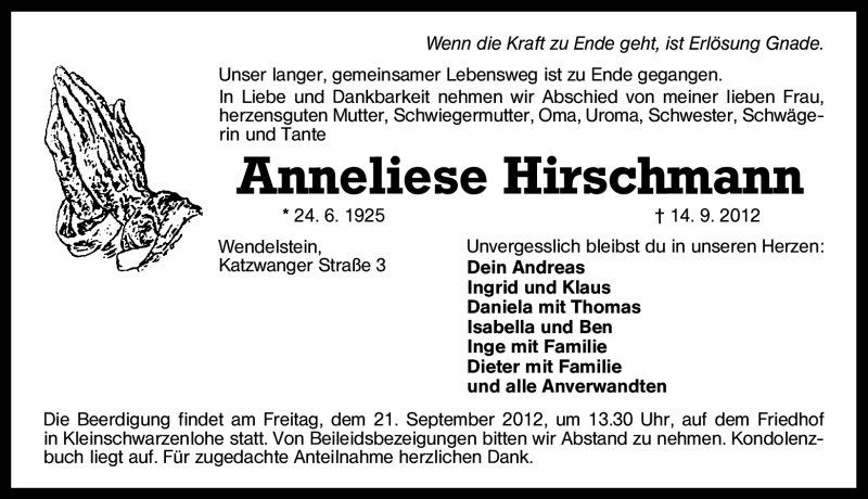  Traueranzeige für Anneliese Hirschmann vom 18.09.2012 aus Schwabach