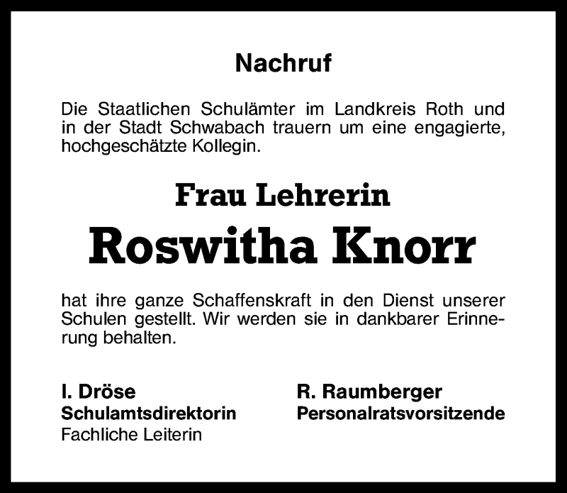  Traueranzeige für Roswitha Knorr vom 04.02.2014 aus Schwabach