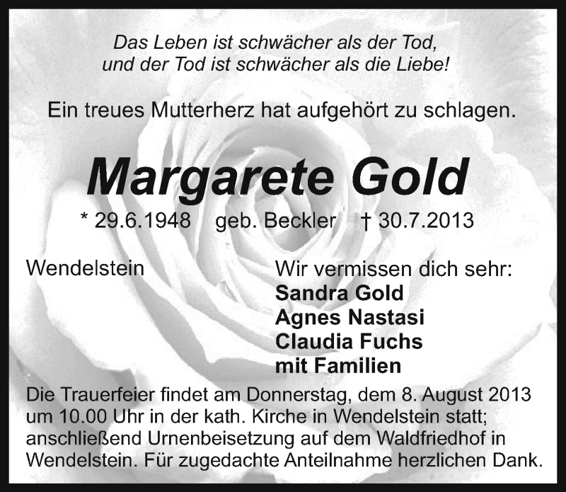  Traueranzeige für Margarete Gold vom 03.08.2013 aus Schwabach