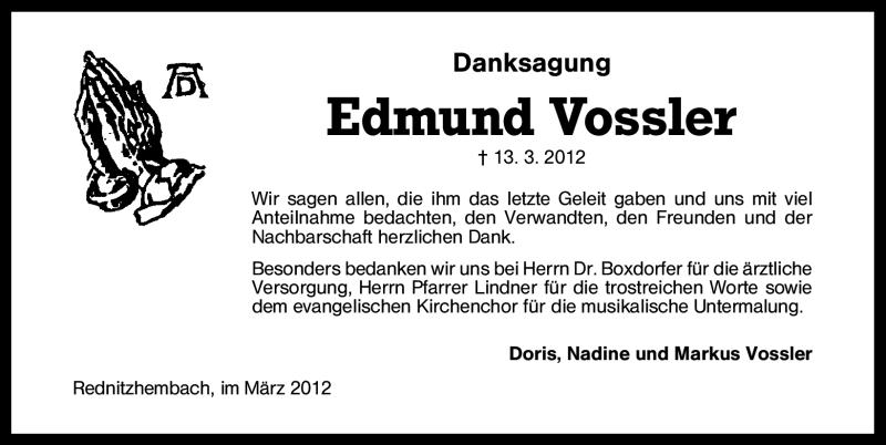  Traueranzeige für Edmund Vossler vom 24.03.2012 aus Schwabach