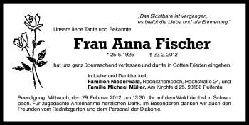 Traueranzeige von Anna Fischer von Schwabach