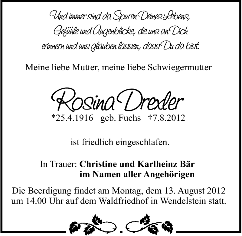  Traueranzeige für Rosina Drexler vom 10.08.2012 aus Schwabach