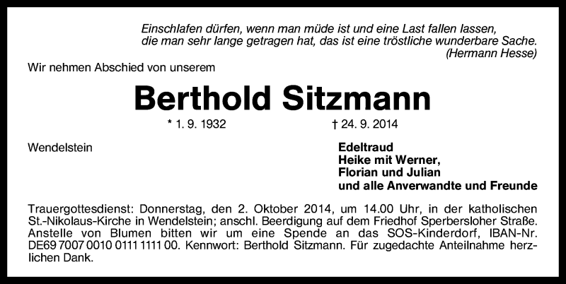  Traueranzeige für Berthold Sitzmann vom 27.09.2014 aus Schwabach