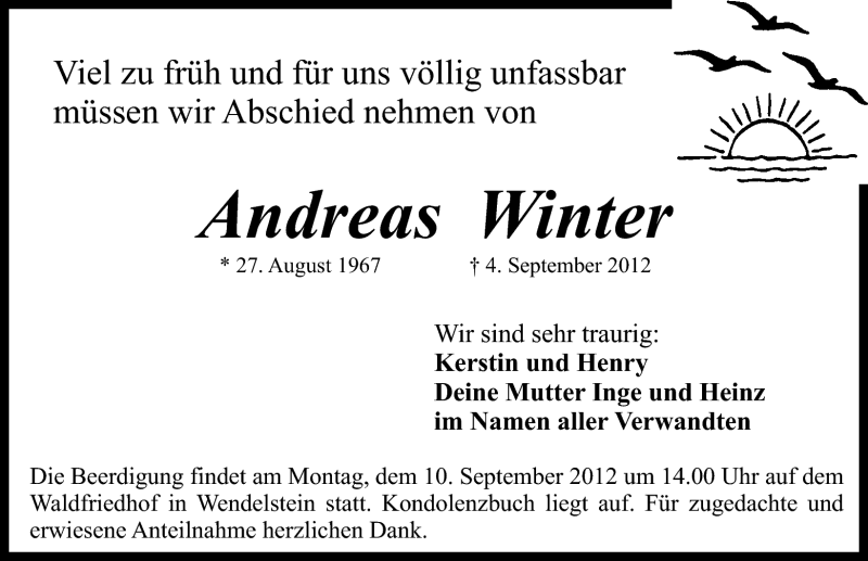  Traueranzeige für Andreas Winter vom 07.09.2012 aus Schwabach