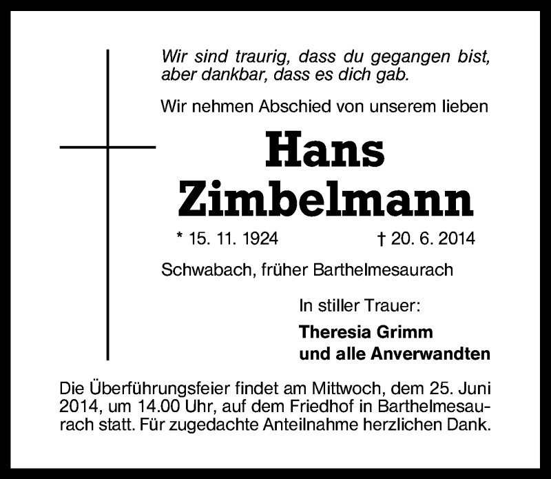  Traueranzeige für Hans Zimbelmann vom 21.06.2014 aus Schwabach