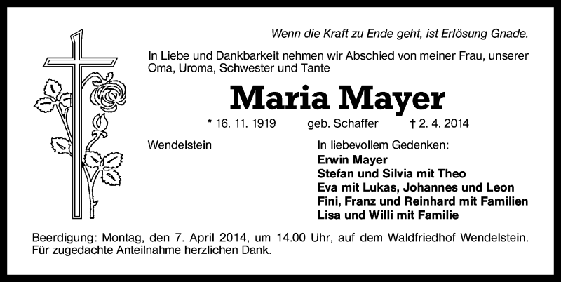  Traueranzeige für Maria Mayer vom 05.04.2014 aus Schwabach