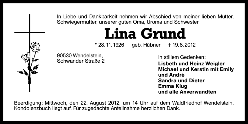  Traueranzeige für Lina Grund vom 21.08.2012 aus Schwabach