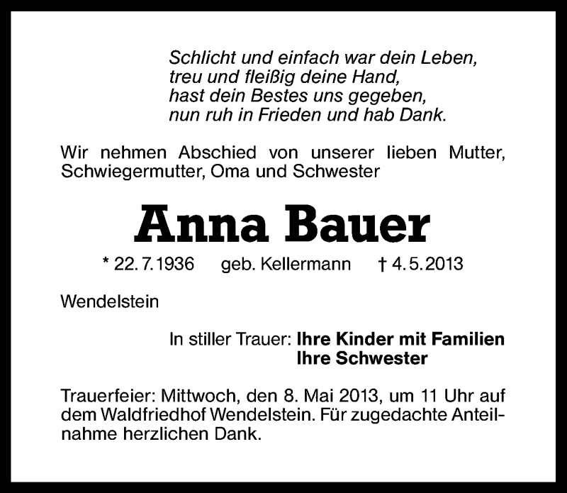  Traueranzeige für Anna Bauer vom 06.05.2013 aus Schwabach