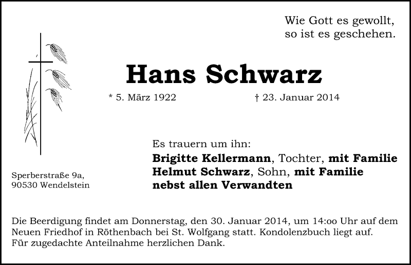  Traueranzeige für Hans Schwarz vom 27.01.2014 aus Schwabach