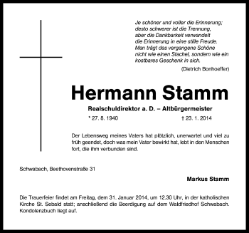 Traueranzeige von Hermann Stamm von Schwabach