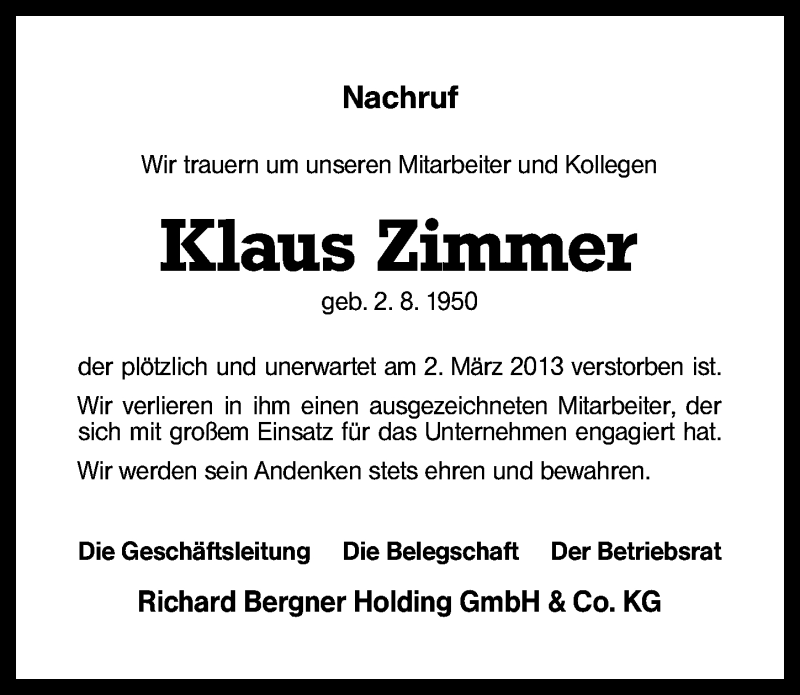  Traueranzeige für Klaus Zimmer vom 20.03.2013 aus Schwabach