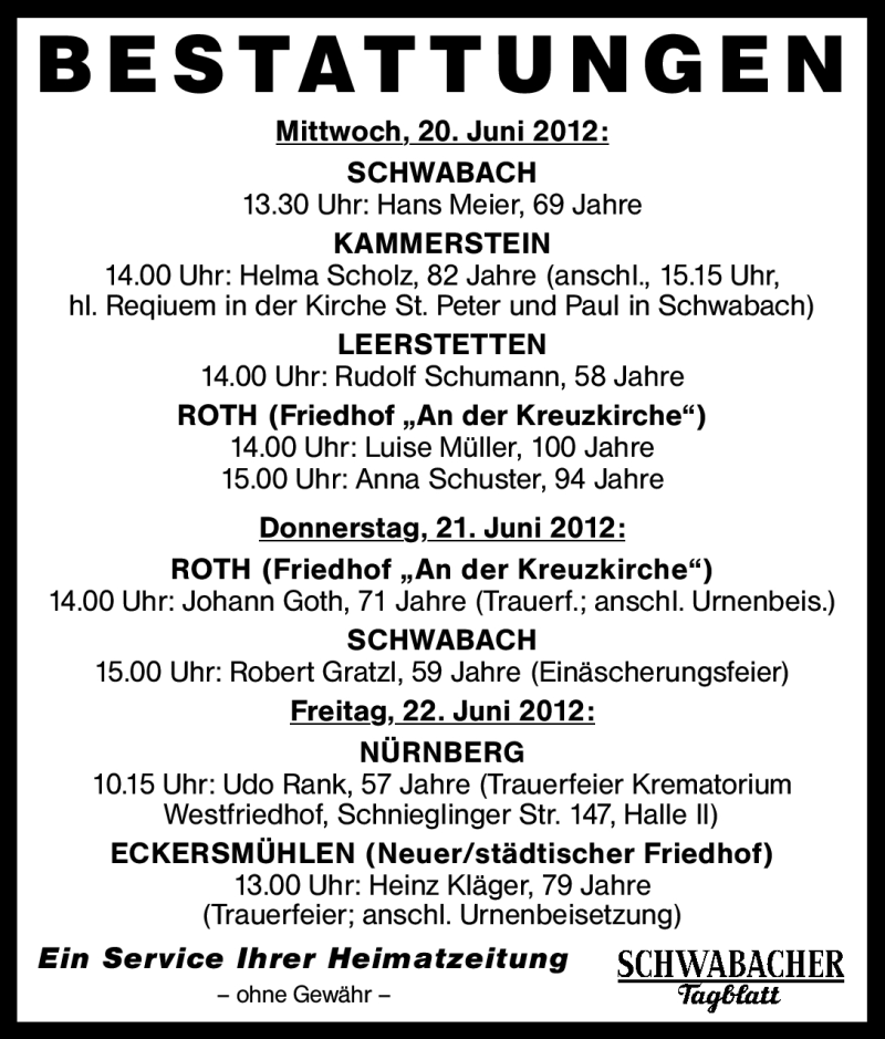  Traueranzeige für Bestattungen 20.-22.06.12  vom 20.06.2012 aus Schwabach