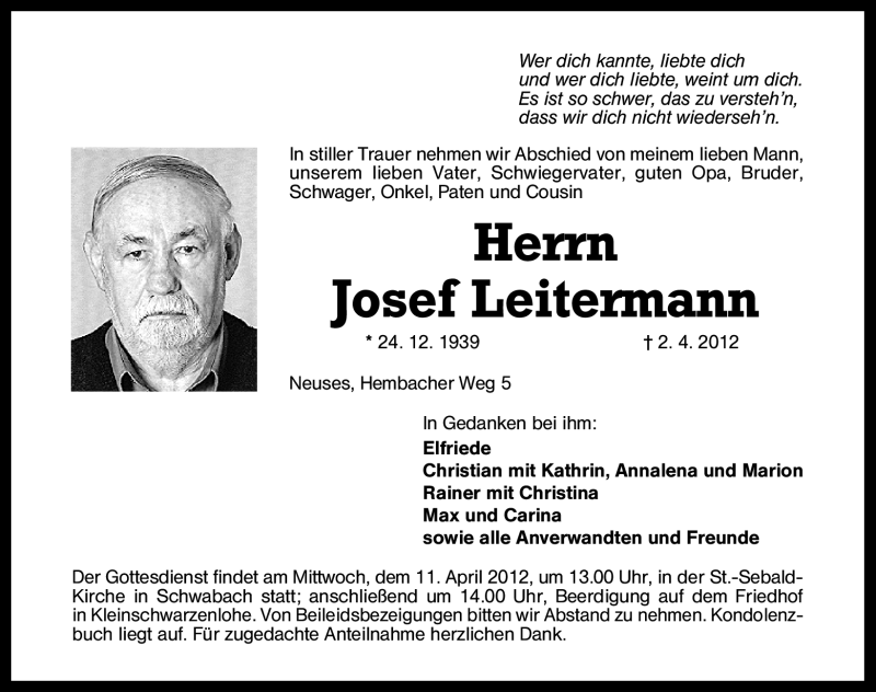 Traueranzeigen Von Josef Leitermann | Trauer.nn.de